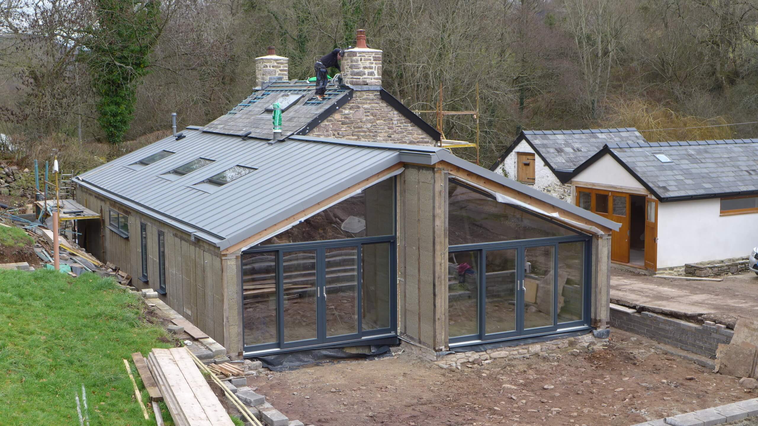 exposed hempcrete walls in new build house in Powys, Wales before external finishes