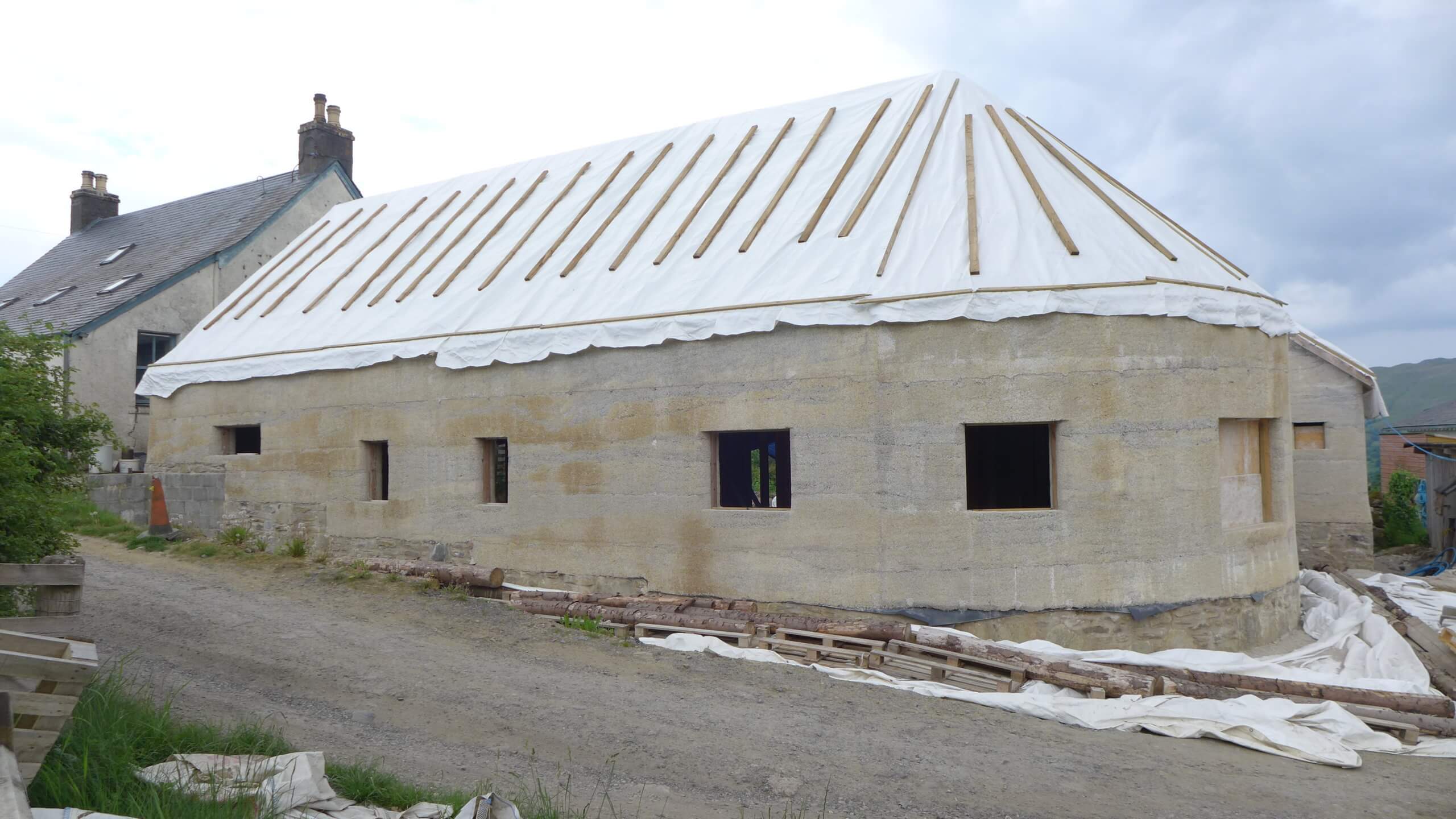 new build hempcrete construction in Scotland with temporary roofing cover